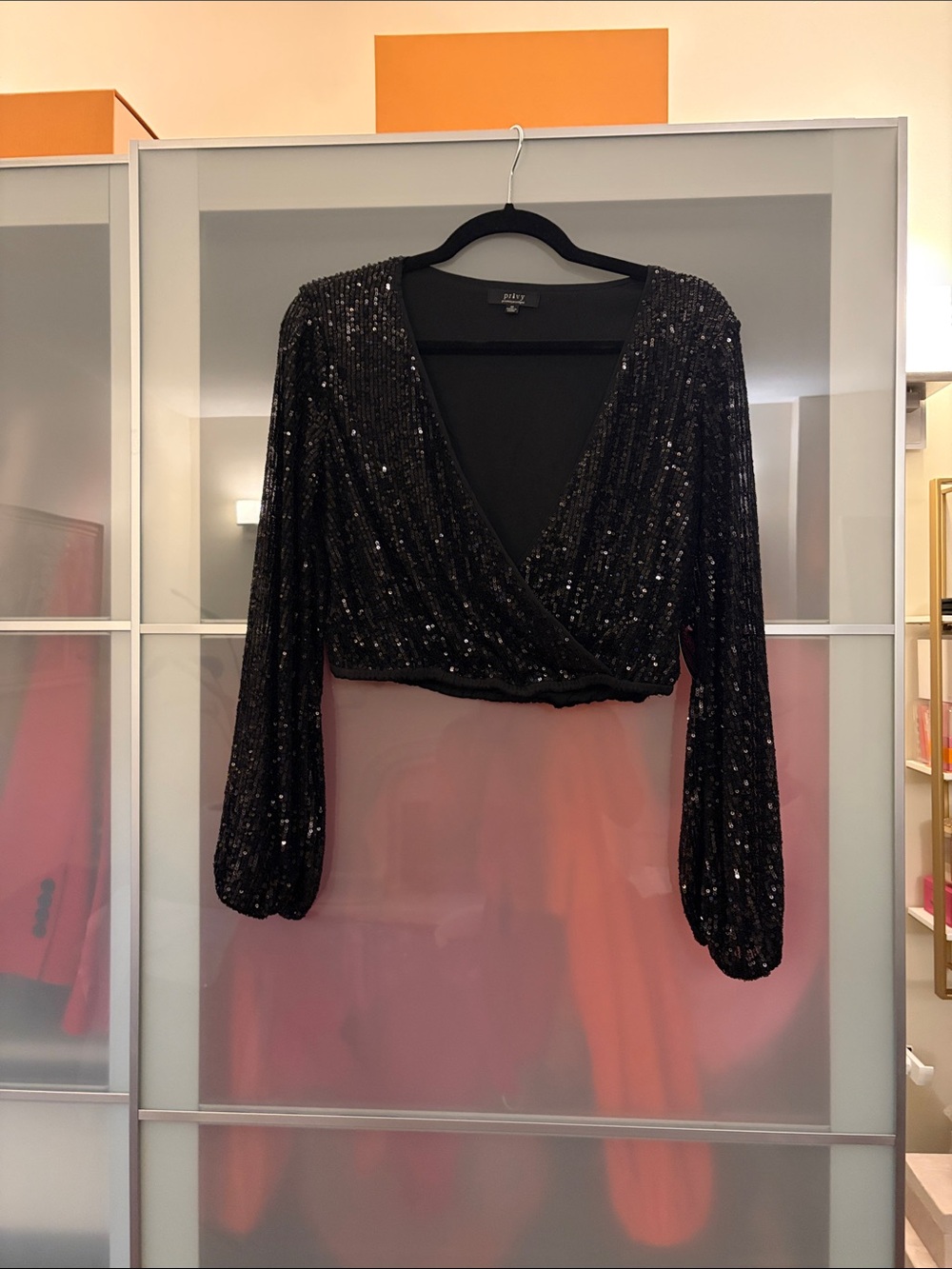 Black Sequin Wrap Crop Top with Balloon Sleeves